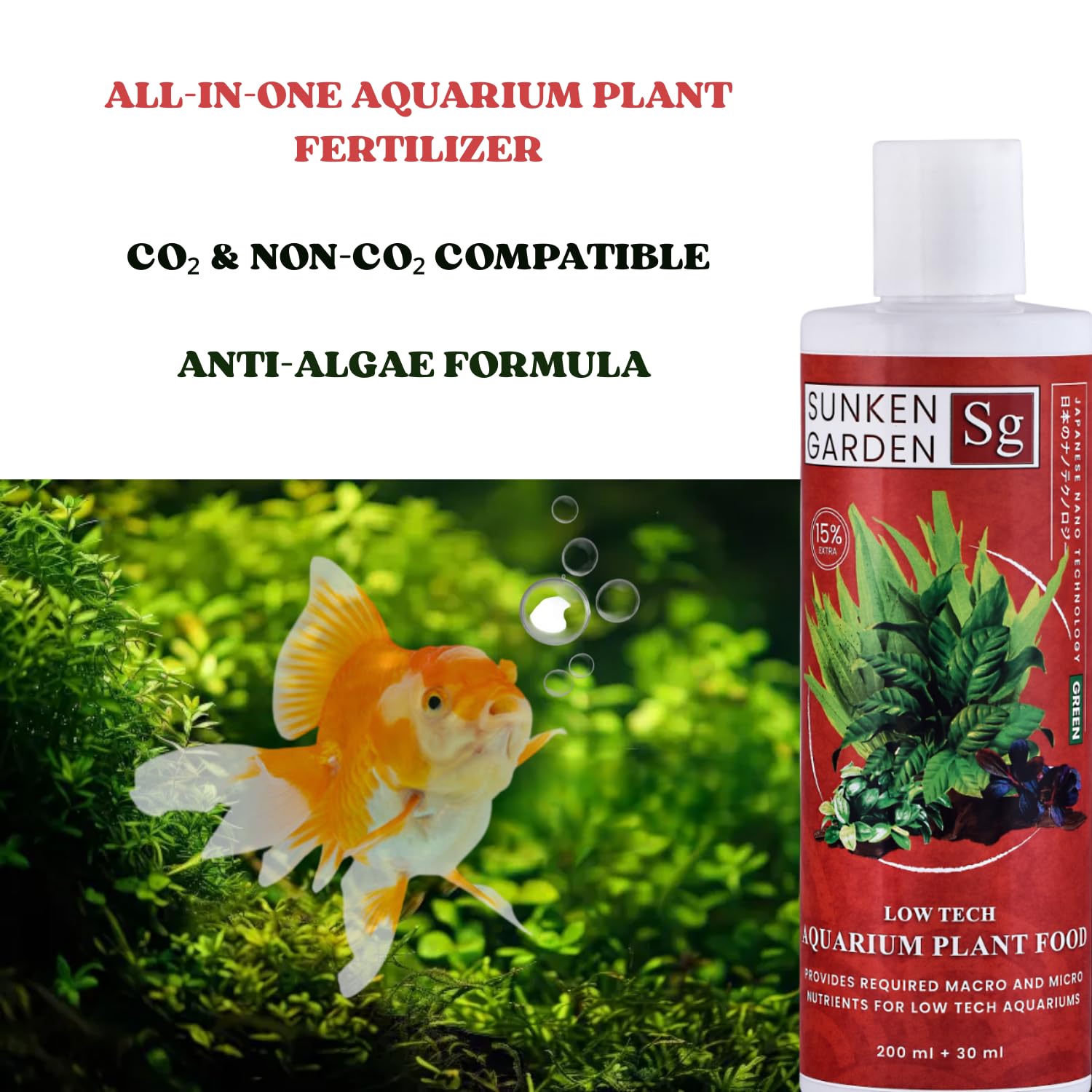 Sunken Garden Green – All-in-One Aquarium Plant Fertilizer | CO₂ & Non-CO₂ Compatible | Anti-Algae Formula (200 ml + 30 ml)