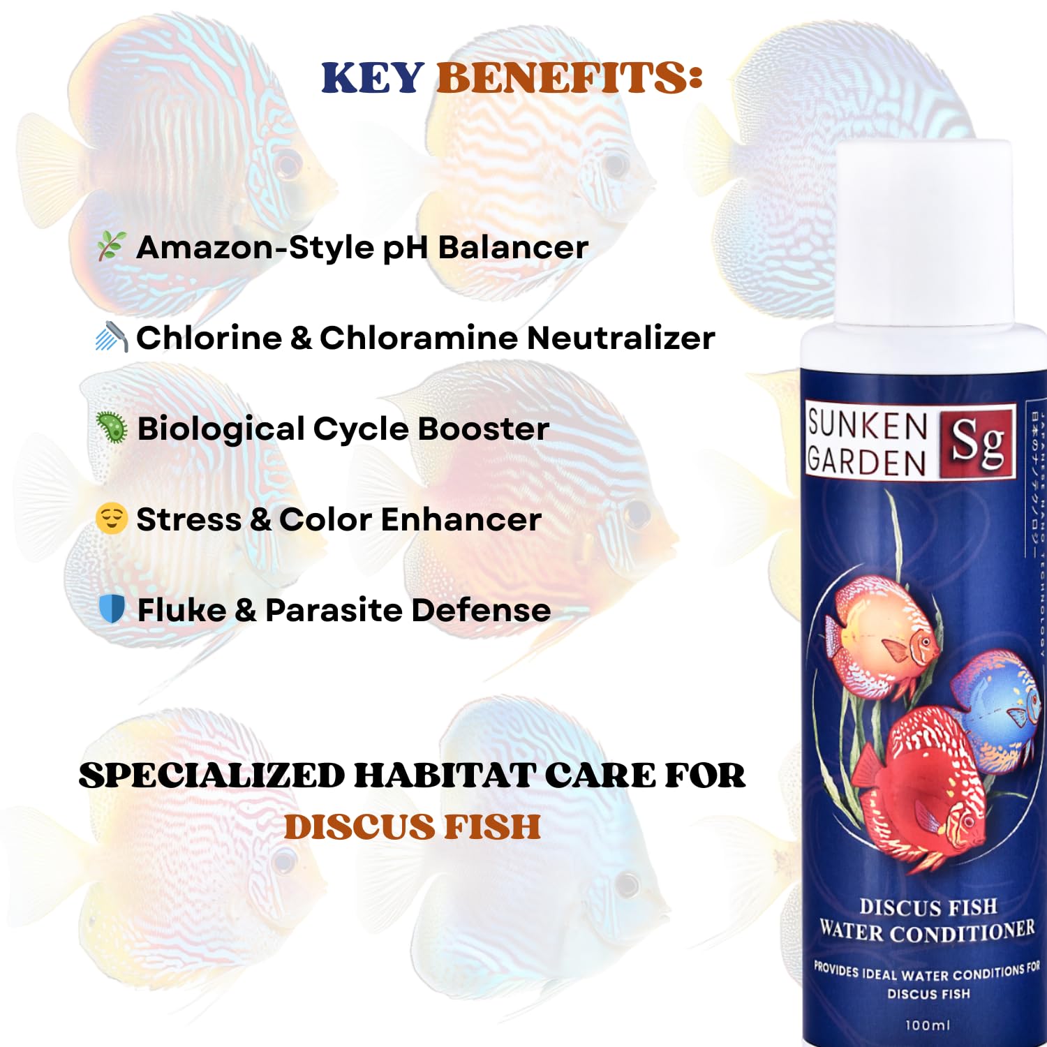 Sunken Garden Discus Fish Water Conditioner | Specialized Habitat Care for Discus Fish | Soft Water + Stress Relief + Fluke Control (100 ml)
