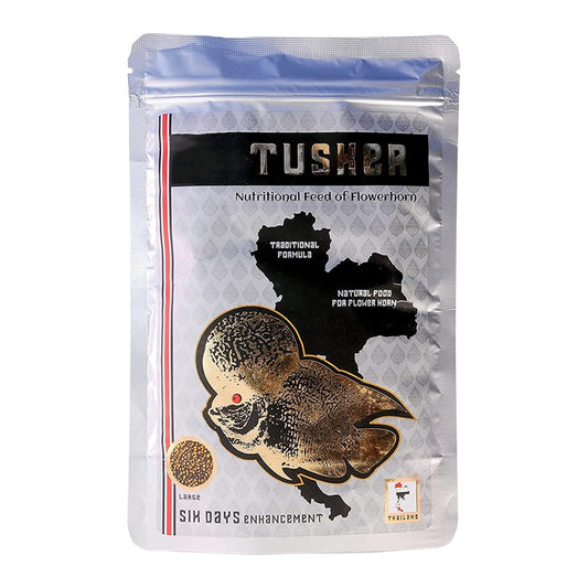 TUNAI SF+ Tusker Flowerhorn Special Fish Food | 100 G| Fish Feed Fortified with 55% Protein, Guaranteed Hump Enhancement in Six Days, Large Pellets Suitable for Adult Flowerhorn