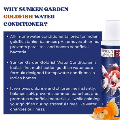 Sunken Garden Goldfish Water Conditioner | pH Stabilizer + Dechlorinator + Parasite Prevention | Made for Indian Tap Water (100 ml)