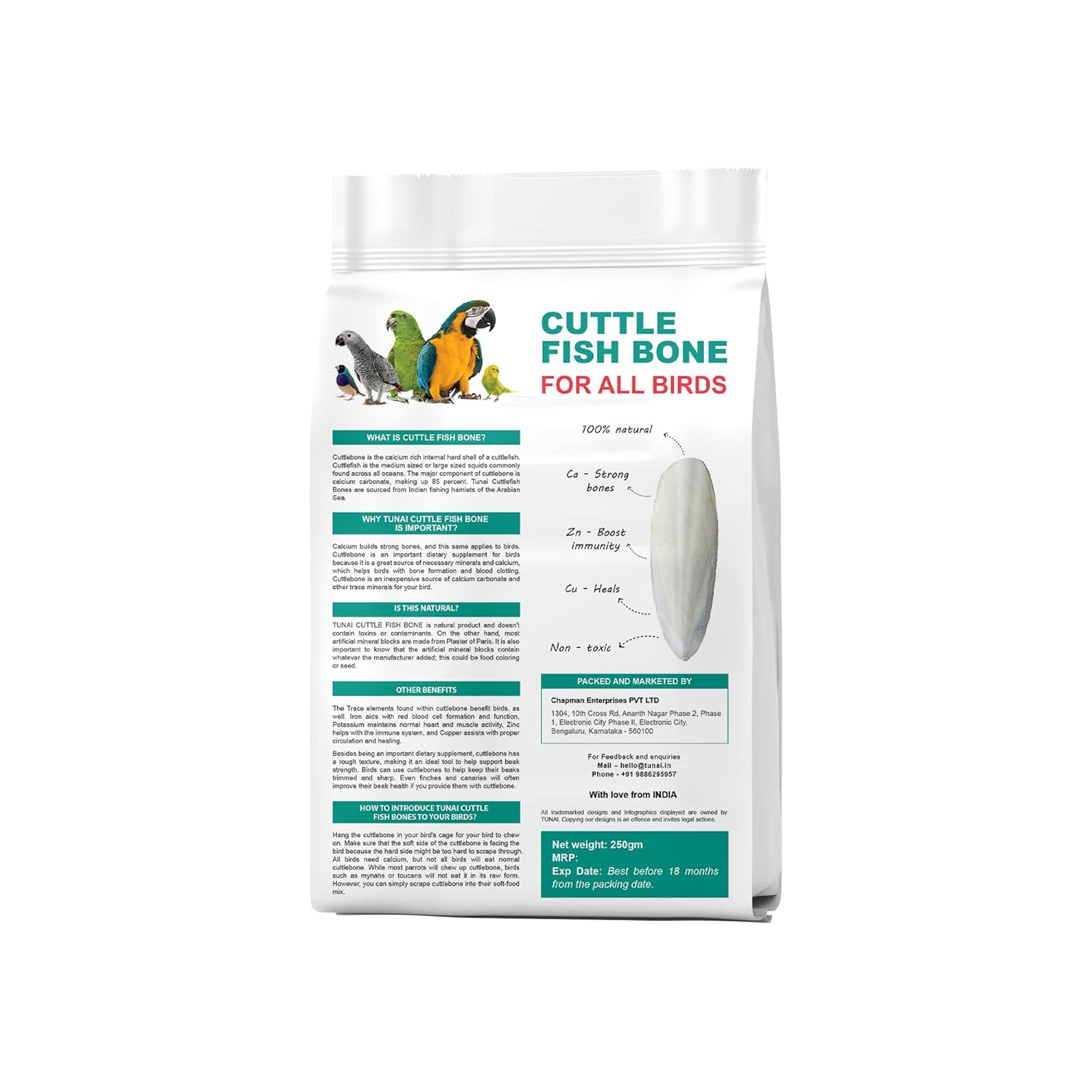 Tunai Cuttle Fish Bone for All Birds | 250g | Natural Calcium Supplement for Better Bones and Sharpen Beak, Best Treat for Love Birds All Varieties of Parrots
