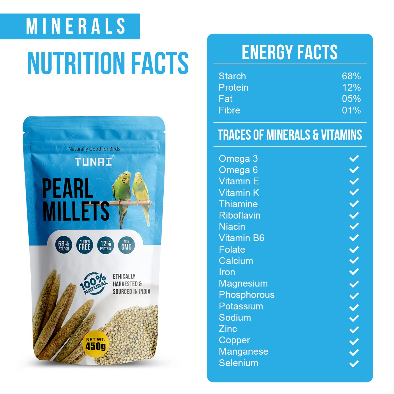TUNAI Pearl Or Bajra Millet Bird Food |450G| Superior Bird Feed For Budgies, Finches, Cockatiels, Conures, Love Birds, Parrots Wild Birds, All Life Stages
