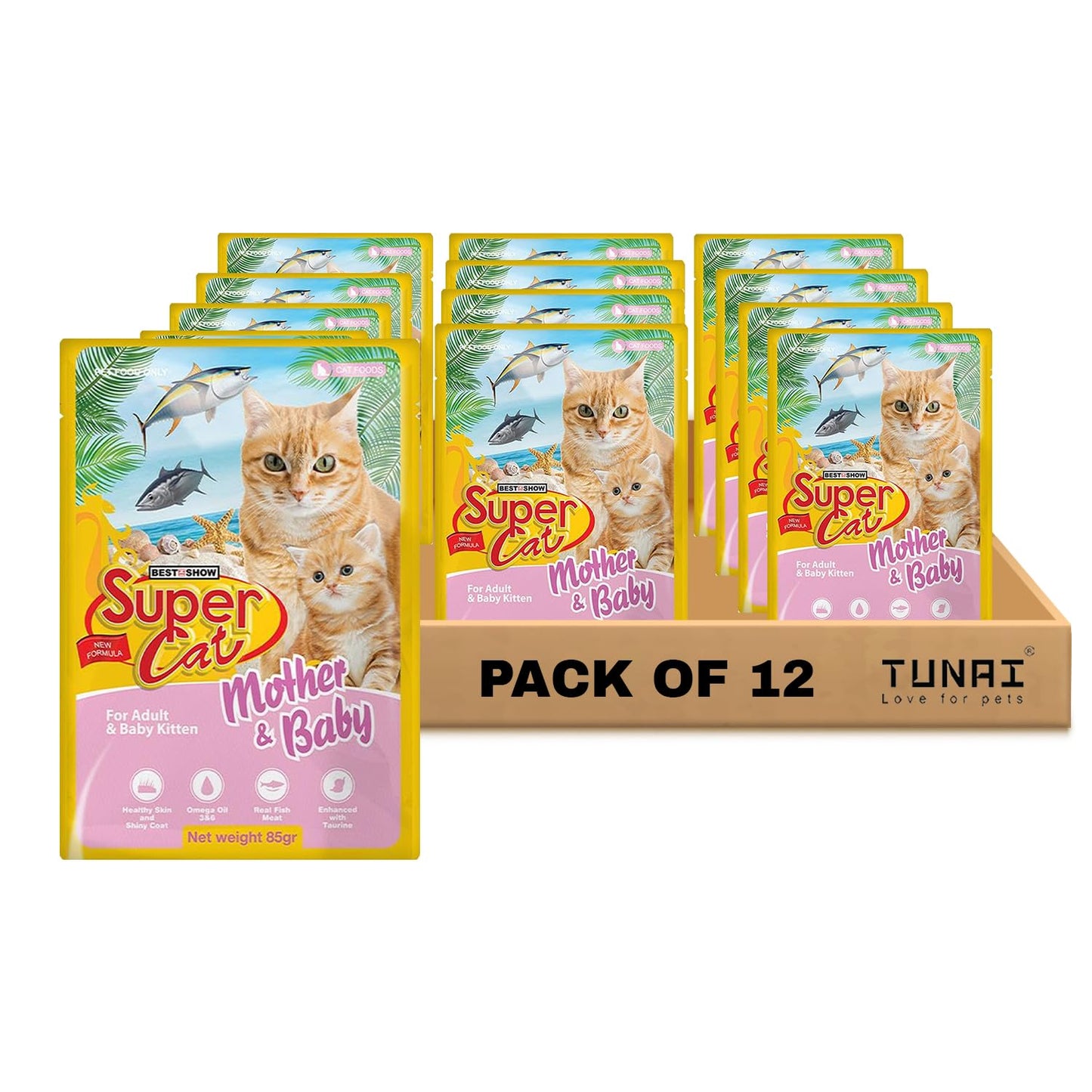 TUNAI SUPERCAT Wet Gravy Daily Diet Food for Mother CAT & Kittens (Pack of 12X80g) with The Goodness of Protein & Fat Rich Tuna and Taurine, Supports Healthy Skin Coat and Boost Instant Energy