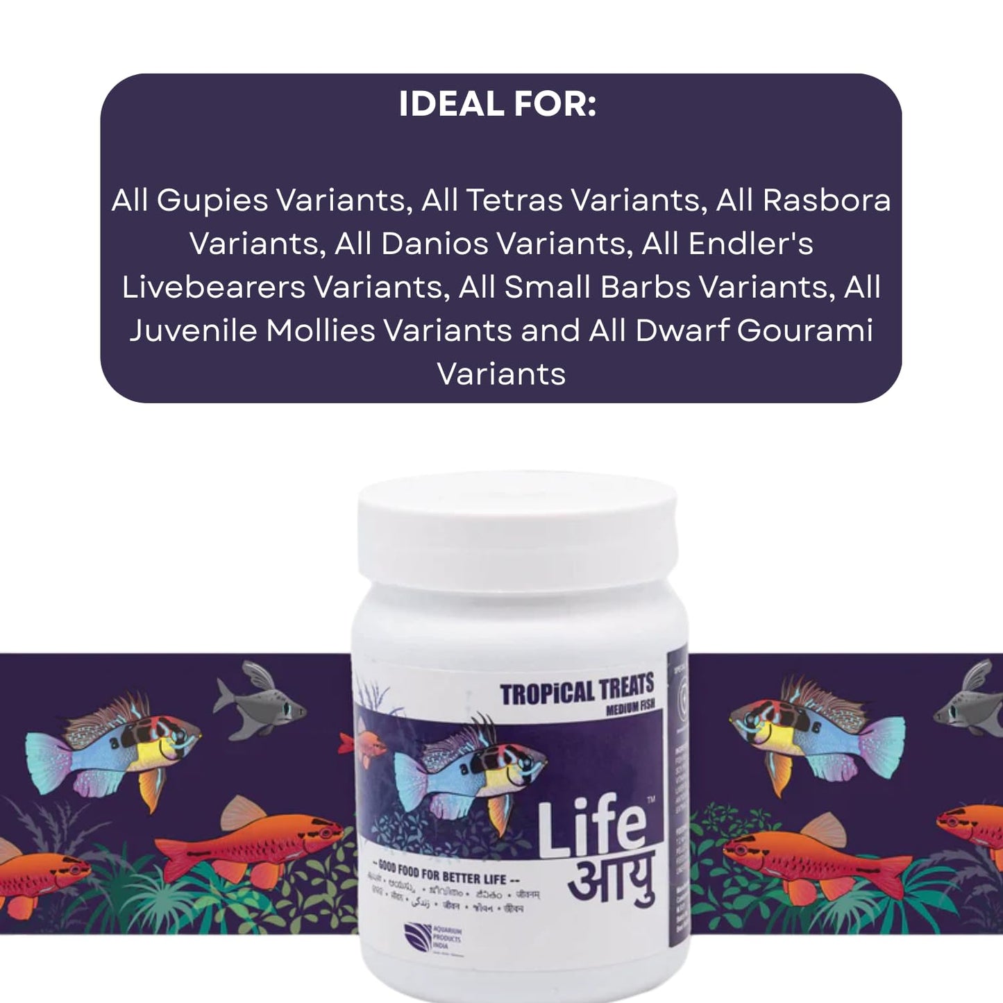 Life AAYU Tropical Treats Fish Food | Ayurvedic Immunity Boost with Spirulina, Moringa, Garlic & Color Enhancers | for All Tropical Fishes | (Medium, 70gms)