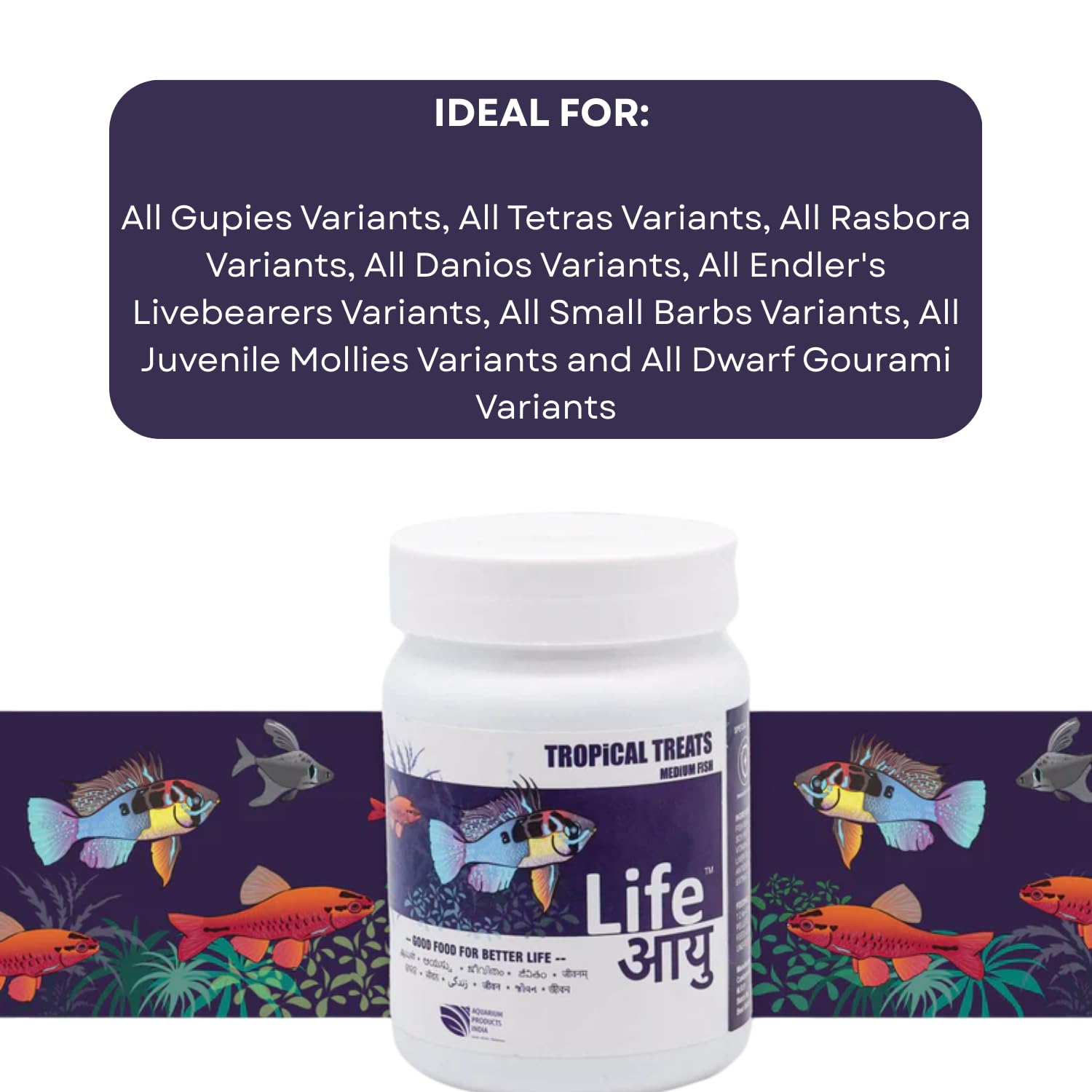 Life AAYU Tropical Treats Fish Food | Ayurvedic Immunity Boost with Spirulina, Moringa, Garlic & Color Enhancers | for All Tropical Fishes | (Medium, 70gms)
