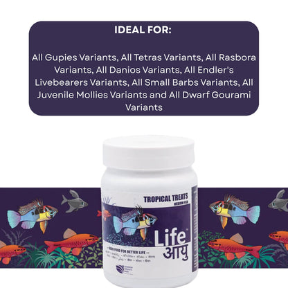 Life AAYU Tropical Treats Fish Food | Ayurvedic Immunity Boost with Spirulina, Moringa, Garlic & Color Enhancers | for All Tropical Fishes | (Medium, 70gms)