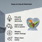 Wall Mount 9-inch Grey Heart Shape Fish Bowl – with Stand | Modern Aquarium for Home, Office & Café Décor | Space Saving Design | Elegant Fish Tank & Plant Terrarium | Compact Design