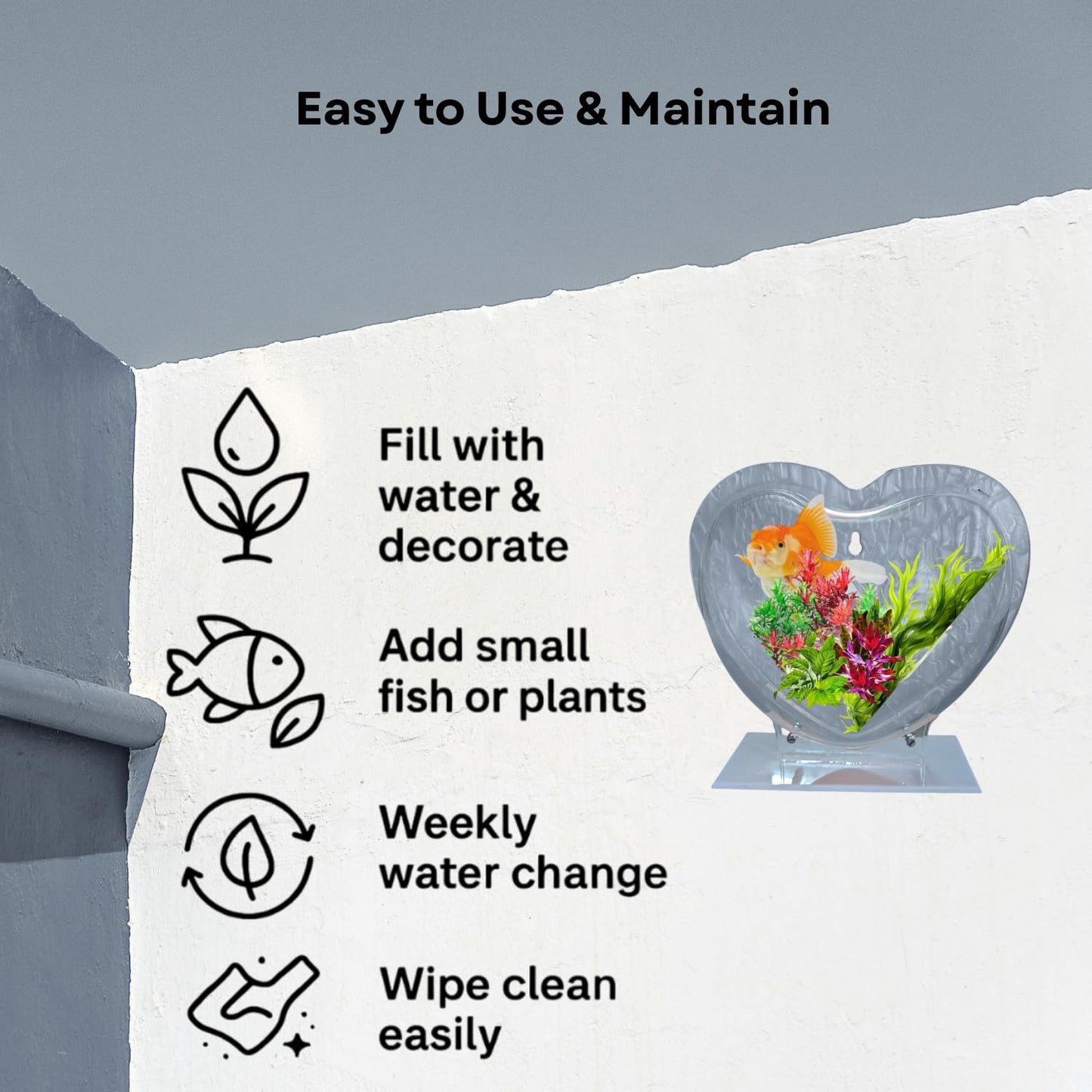 Wall Mount 9-inch Grey Heart Shape Fish Bowl – with Stand | Modern Aquarium for Home, Office & Café Décor | Space Saving Design | Elegant Fish Tank & Plant Terrarium | Compact Design