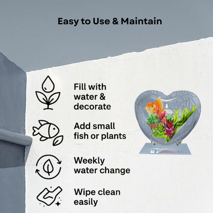 Wall Mount 9-inch Grey Heart Shape Fish Bowl – with Stand | Modern Aquarium for Home, Office & Café Décor | Space Saving Design | Elegant Fish Tank & Plant Terrarium | Compact Design