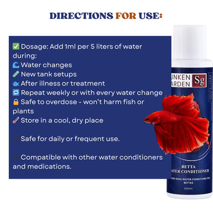Sunken Garden Betta Fish Water Conditioner | Chlorine Neutralizer + Fin Rot Protection + pH Balancer | Made for Indian Aquariums (100 ml)