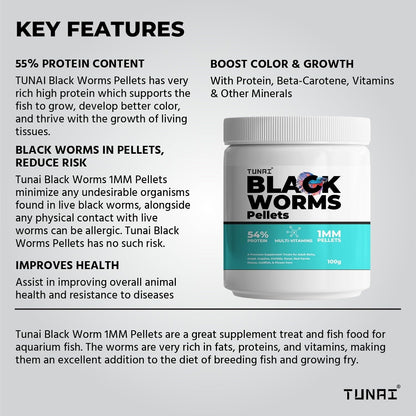 TUNAI Australian Black Worms Pellets Infused with 54% Protein (1MM, 100g) Fish Food for Adult Sized Betta, Guppy, Cichlids, Oscar, Red Parrot, Discus, Goldfish & Flowerhorn