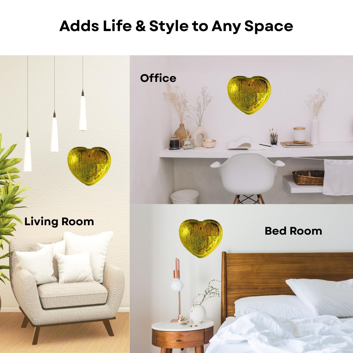 Wall Mount 12-inch Yellow Heart Shape Fish Bowl – Without Stand | Modern Aquarium for Home, Office & Café Décor | Space Saving Design | Elegant Fish Tank & Plant Terrarium | Compact Design