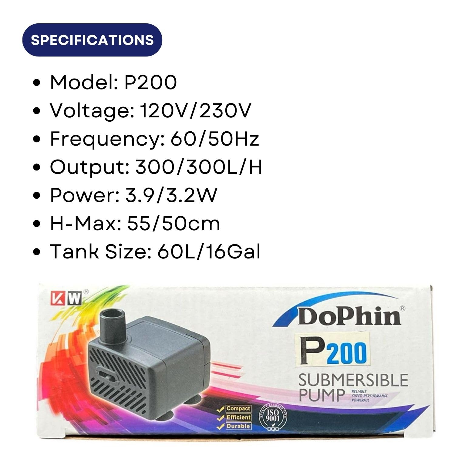 Dophin P200 Submersible Small Pump for Aquarium Fish Tank Fountain | Compact, Reliable and Durable | Output: 300/300L/H | Suitable for Tank Size 60L | (Original from Tunai Store)
