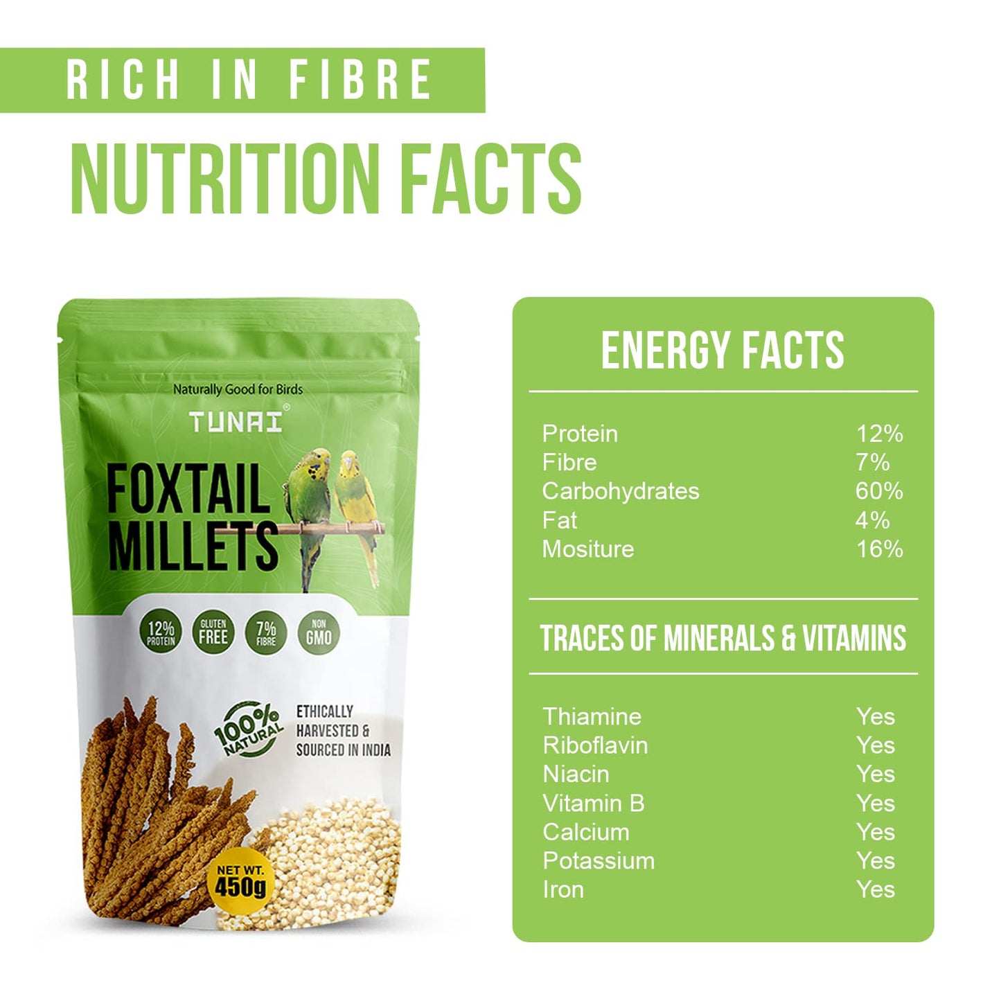 Tunai Bird Food Superior Foxtail Kangni Millets Feed for Lovebirds, Canaries, Cockatiels and Finches, 450g