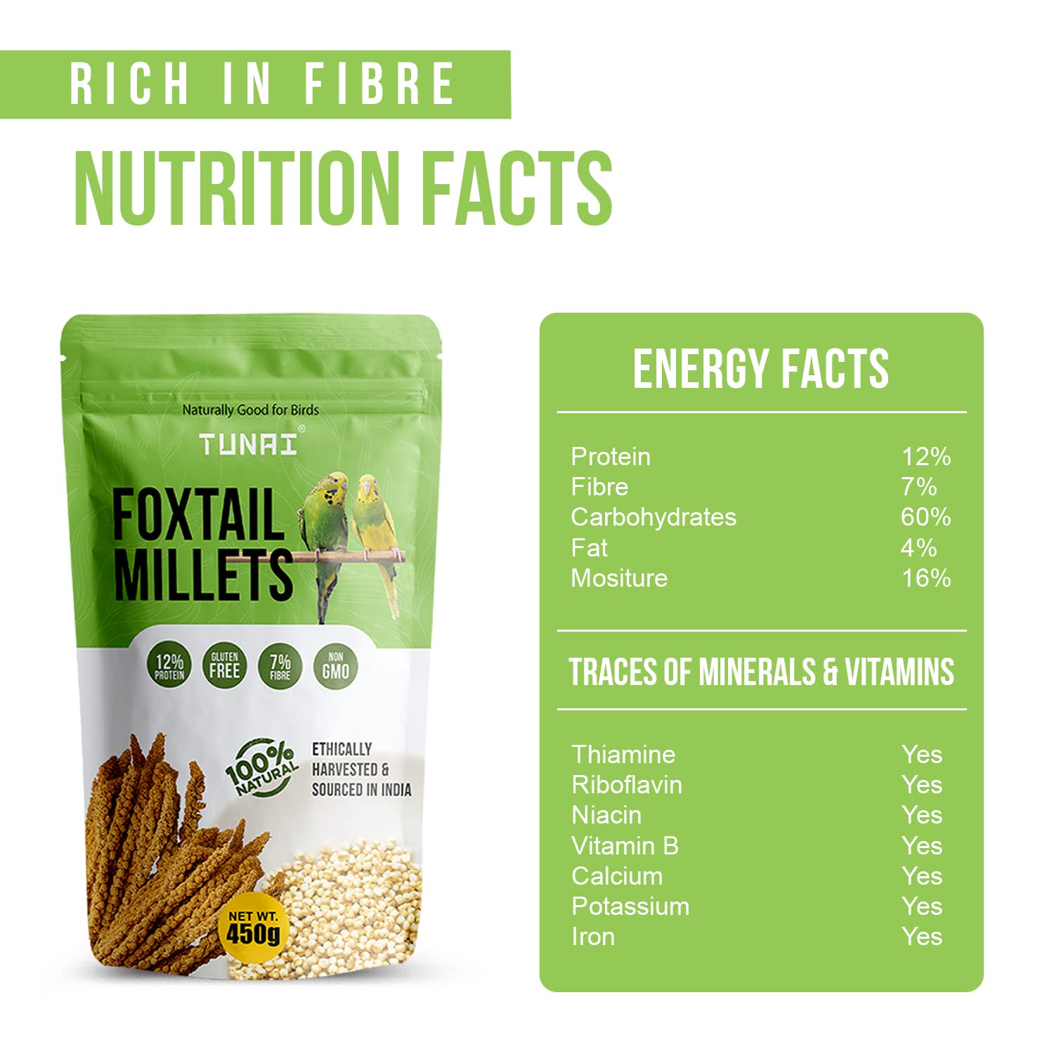 Tunai Bird Food Superior Foxtail Kangni Millets Feed for Lovebirds, Canaries, Cockatiels and Finches, 450g