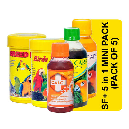 SF+ Bird Health Supplements Combo Packs (Pack of 5, Mini) Healthy Supplement Fortified with Vitamins for Love Birds, Cockteils, Finches, Conures, Parrots, Macaws, Senegals, Parrots