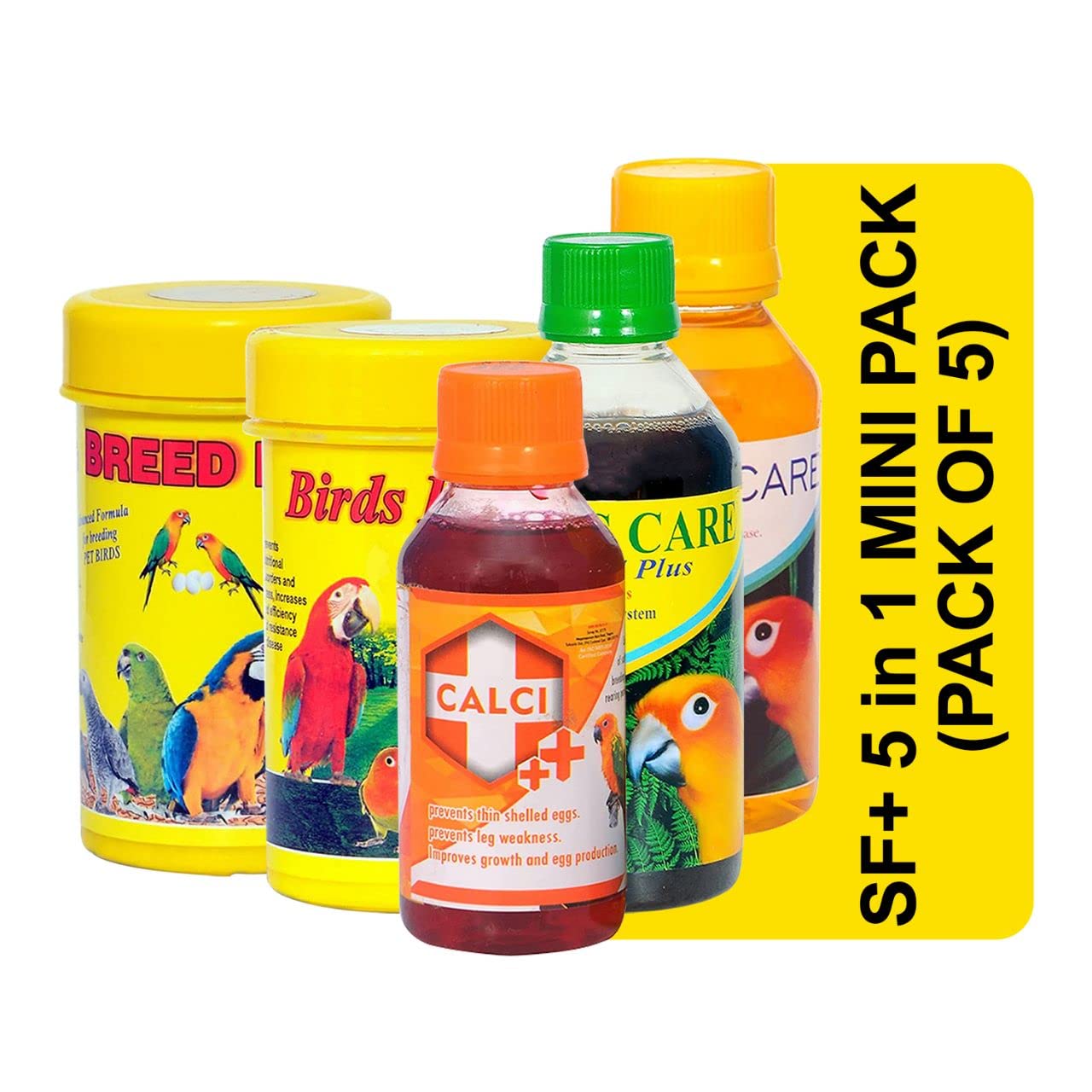 SF+ Bird Health Supplements Combo Packs (Pack of 5, Mini) Healthy Supplement Fortified with Vitamins for Love Birds, Cockteils, Finches, Conures, Parrots, Macaws, Senegals, Parrots