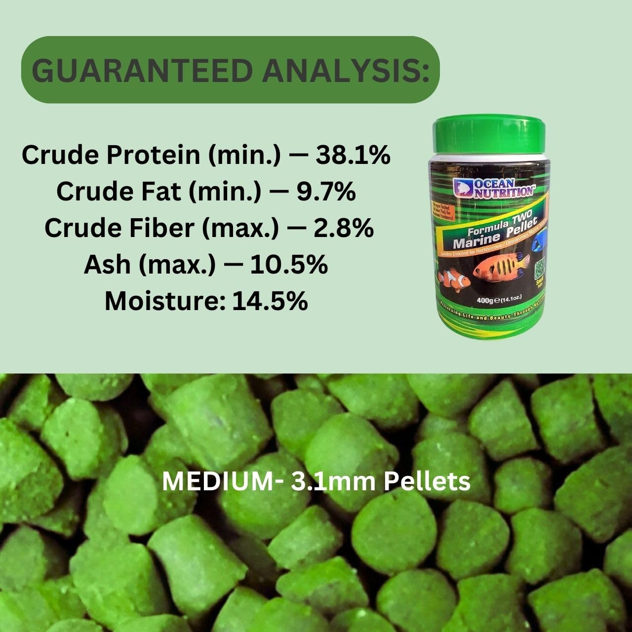 ON+ Formula Two Marine Pellets Fish Food (Original from Tunai Store) | Spirulina Enriched for Herbivorous/Omnivorous Marine Tropical Fish (400gms, Small Pellets)