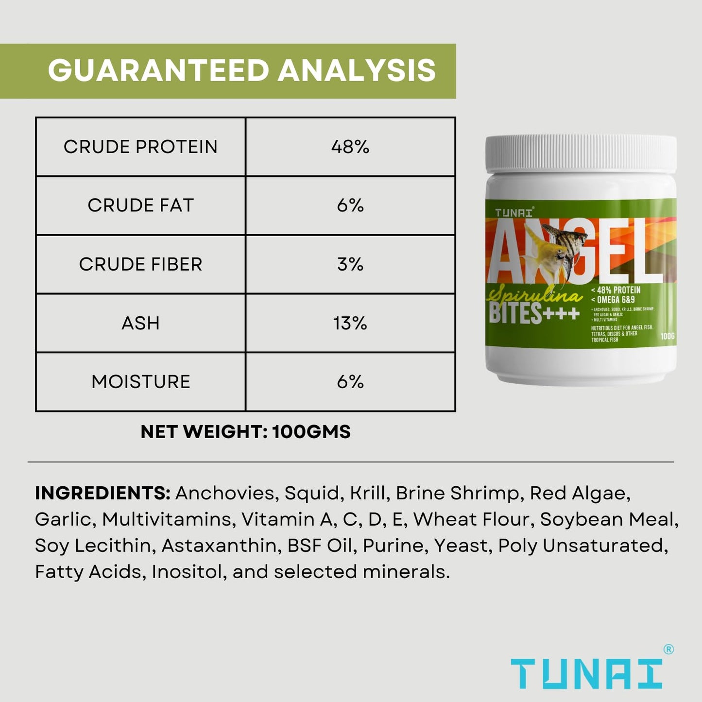 TUNAI Angel Spirulina Bites Fish Food |100g| Spirulina Granules | 100g | 48% Protein | Suitable to Fed for Angel, Gold Fish, Tetras, Discus, Red Parrot, Arowana, Red Parrot, Cichlids & Oscars