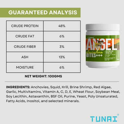 TUNAI Angel Spirulina Bites Fish Food |100g| Spirulina Granules | 100g | 48% Protein | Suitable to Fed for Angel, Gold Fish, Tetras, Discus, Red Parrot, Arowana, Red Parrot, Cichlids & Oscars