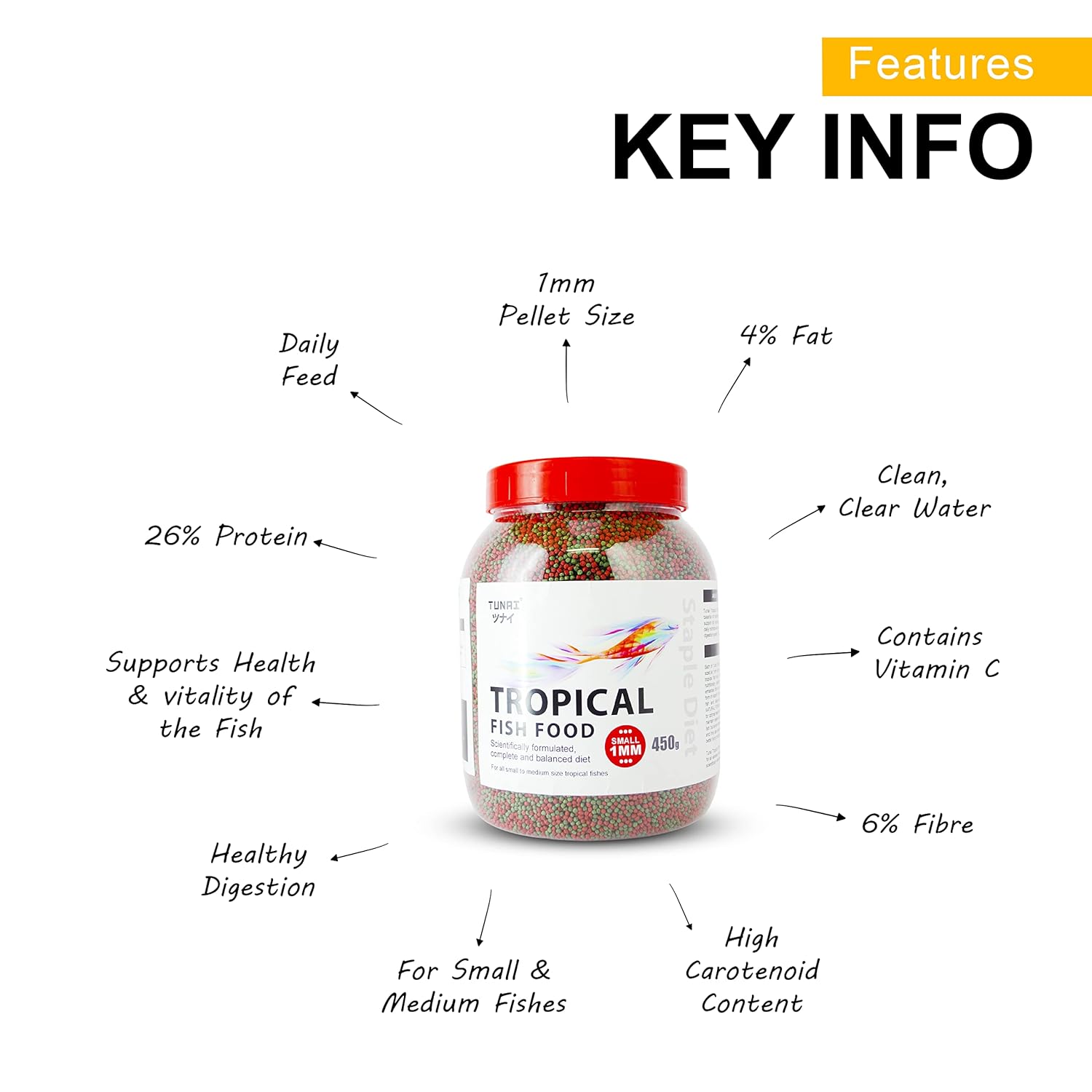 TUNAI Fish Food for Aquarium with 26% protien | 1.2 MM, 450g | Aquarium Fish Food for All Adult Small and Medium Tropical Fishes| Daily Nutrition Fish Feed for Health and Growth