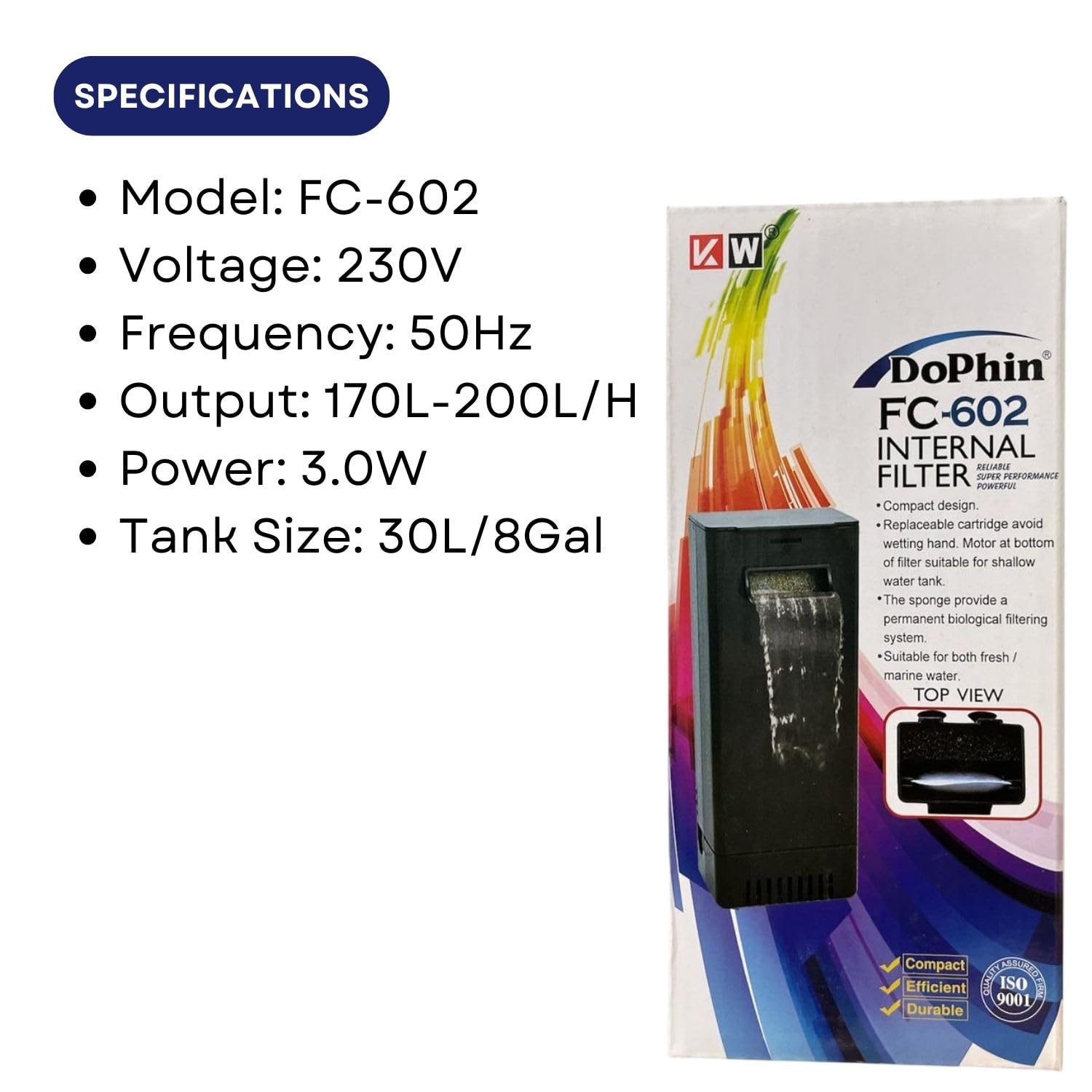 Dophin FC-602 Internal Filter Box for Aquarium Fish Tank | Suitable for Both Fresh and Marine Water | Output: 170L-200L/H | Suitable for Tank Size 30L | (Original from Tunai Store)