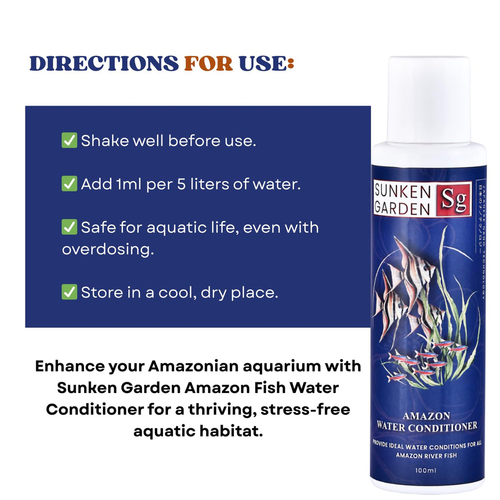 Sunken Garden Amazon Fish Water Conditioner | pH Reducer + Chlorine Neutralizer + Parasite Prevention | Made for All Amazonian Fish Such as Angels and tetras (100 ml)