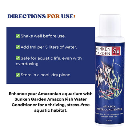 Sunken Garden Amazon Fish Water Conditioner | pH Reducer + Chlorine Neutralizer + Parasite Prevention | Made for All Amazonian Fish Such as Angels and tetras (100 ml)