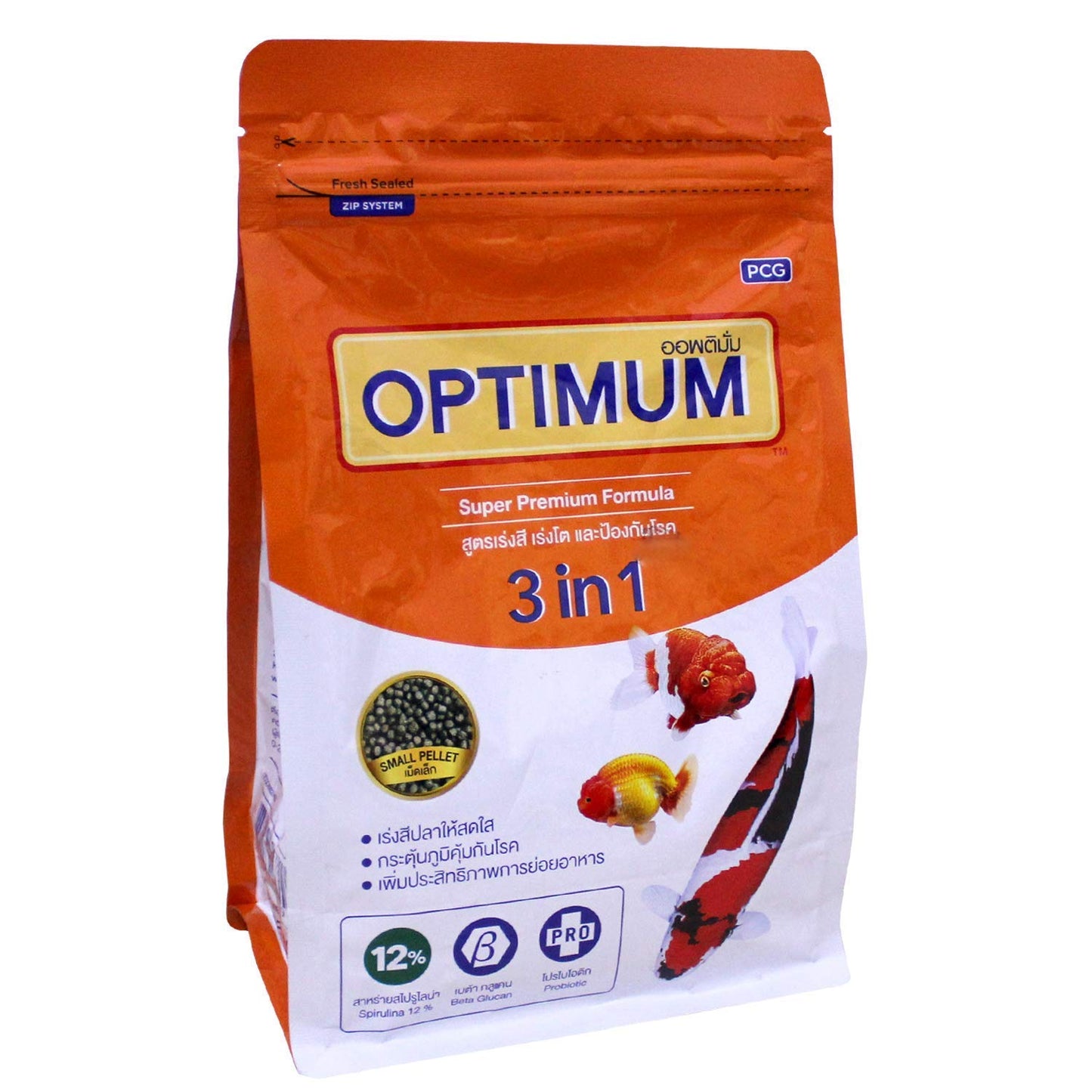 Optimum 3 in 1 Super Premium Formula | Small Pellet | Spirulina 12% Enhancer | Best for Koi Fish, 907.2 g