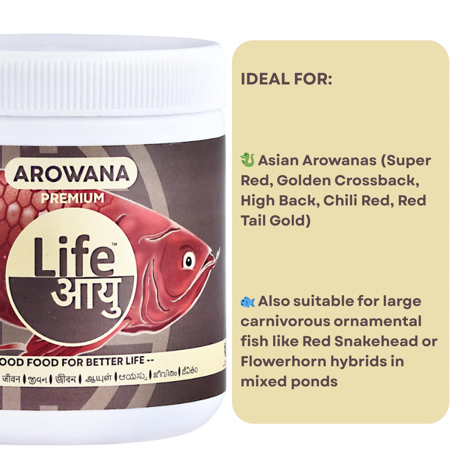 Life AAYU Arowana Premium Aquarium Fish Food | Handmade Ayurvedic Diet for Asian Arowanas | Color Boost, Muscle Growth & Immunity (100 GMS)