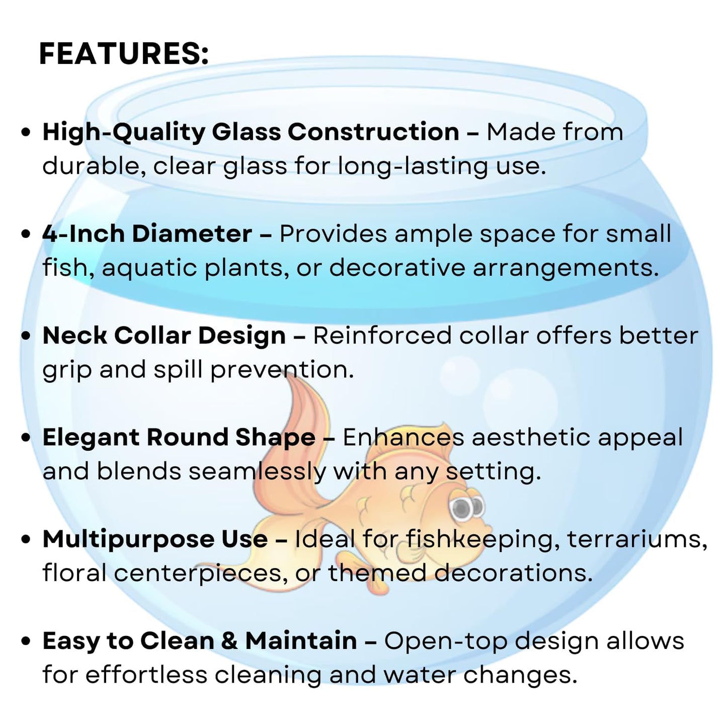 4-inch Glass Fish Bowl with Neck Collar, Suitable for Small Fish, Plants | Optimum Fish Tank Choice for Office & Home Decor