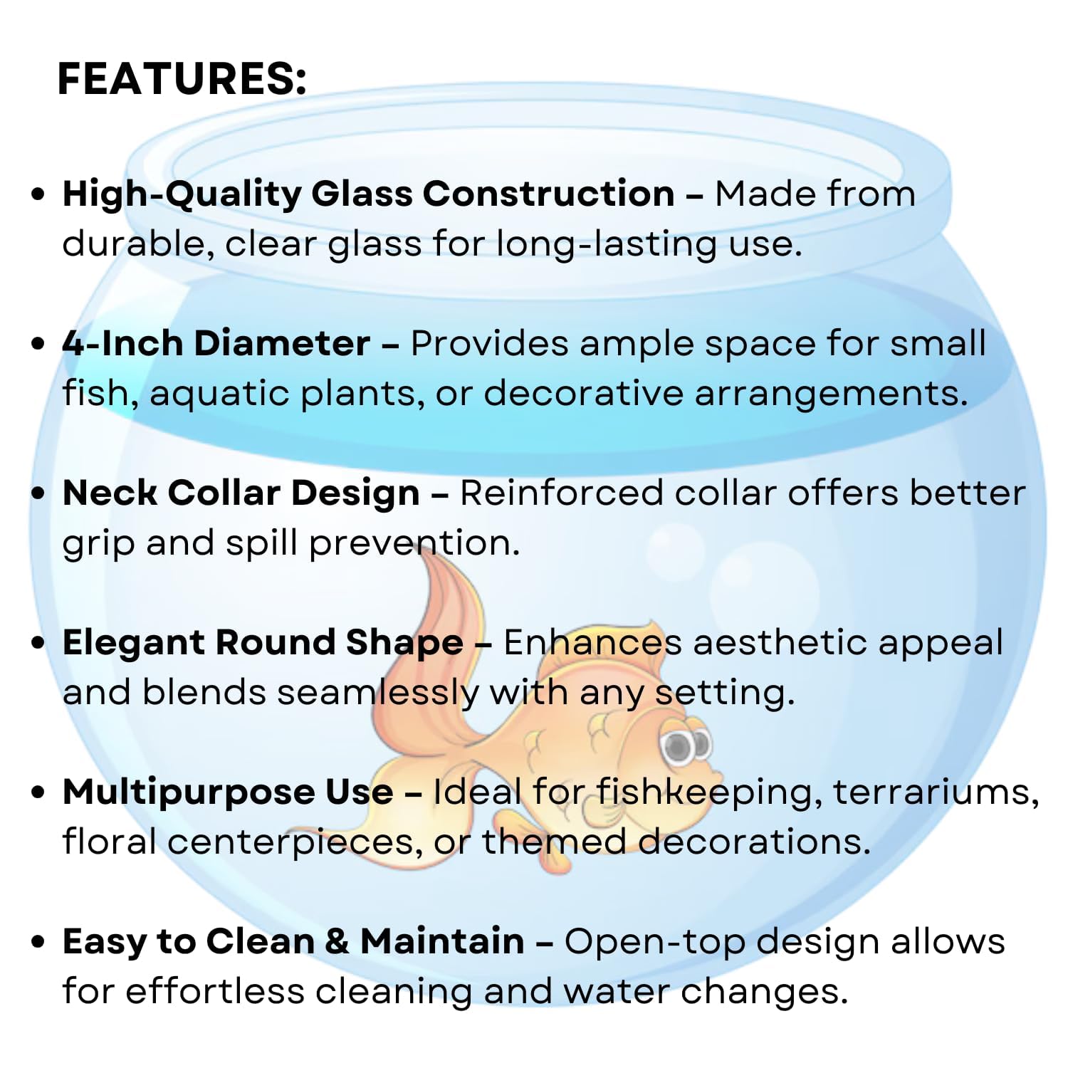 4-inch Glass Fish Bowl with Neck Collar, Suitable for Small Fish, Plants | Optimum Fish Tank Choice for Office & Home Decor