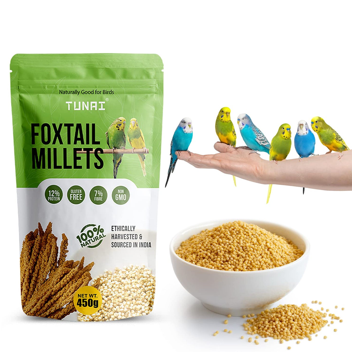 Tunai Bird Food Superior Foxtail Kangni Millets Feed for Lovebirds, Canaries, Cockatiels and Finches, 450g