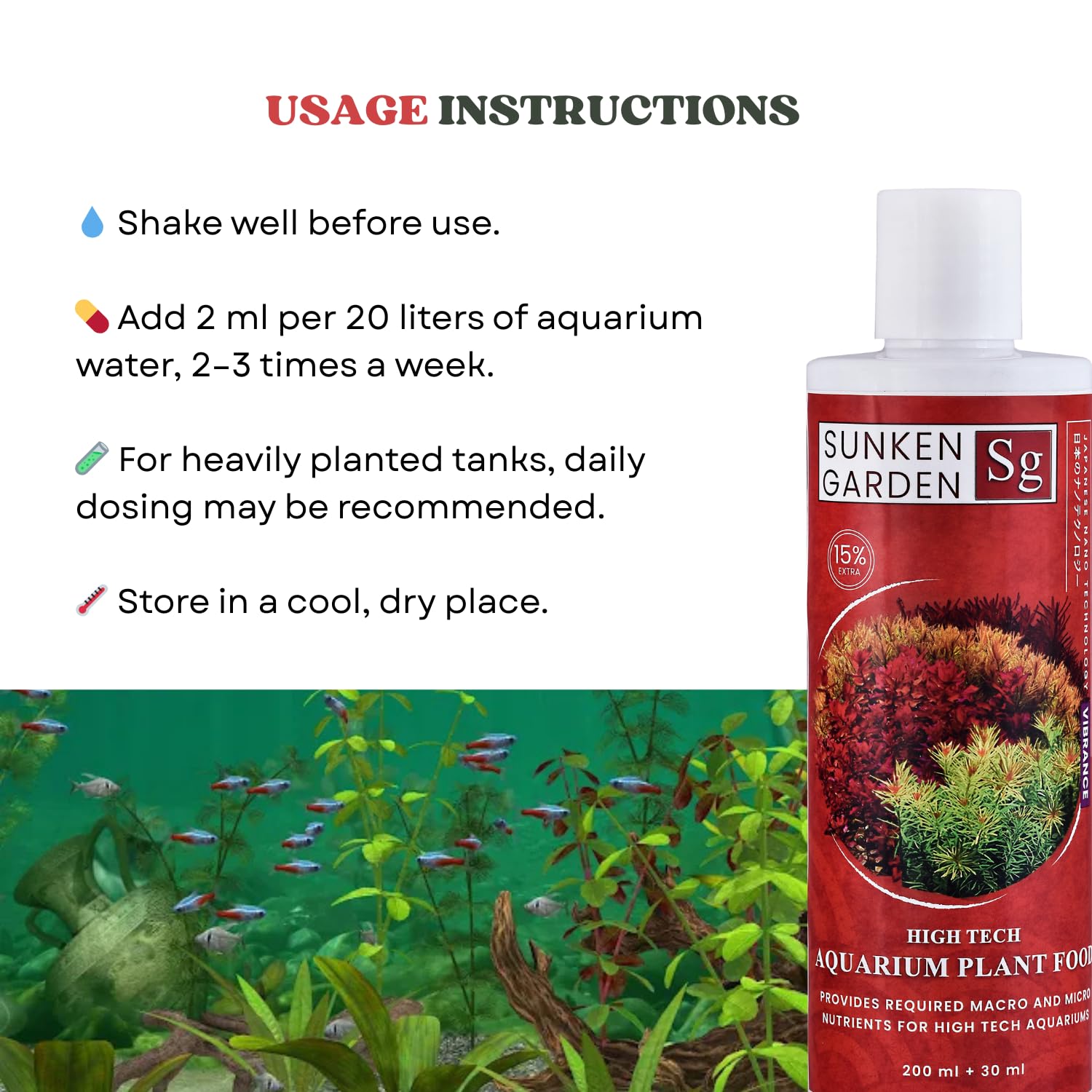 Sunken Garden Vibrance - Dutch-Style Aquarium Fertilizer | All-in-One Formula for Bushy Plant Growth | CO₂ & Non-CO₂ Compatible (200 ml + 30 ml)