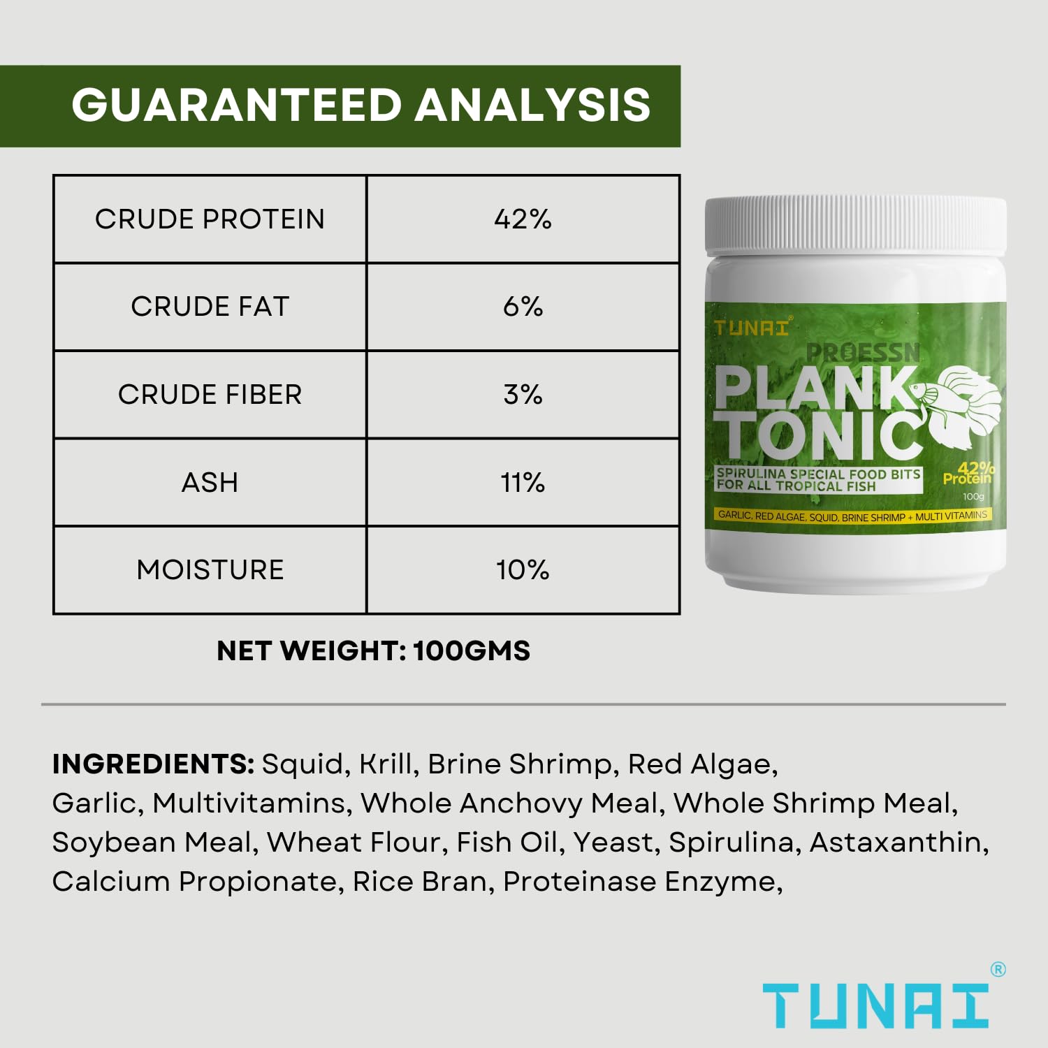 Tunai Plank Tonic Spirulina Special Fish Food Bits with 42% Protein | Suitable for Angel, Gold Fish, Betta, Discus, Arowana, Oscar, Red Parrot, Cichlids