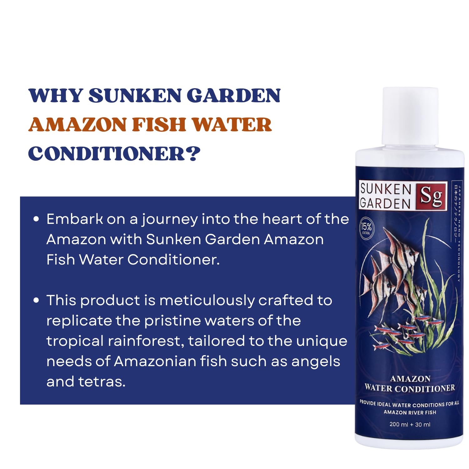 Sunken Garden Amazon Fish Water Conditioner | pH Reducer + Chlorine Neutralizer + Parasite Prevention | Made for All Amazonian Fish Such as Angels and tetras (200 ml + 30 ml)