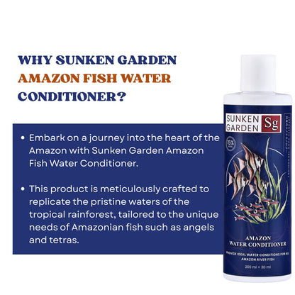 Sunken Garden Amazon Fish Water Conditioner | pH Reducer + Chlorine Neutralizer + Parasite Prevention | Made for All Amazonian Fish Such as Angels and tetras (200 ml + 30 ml)