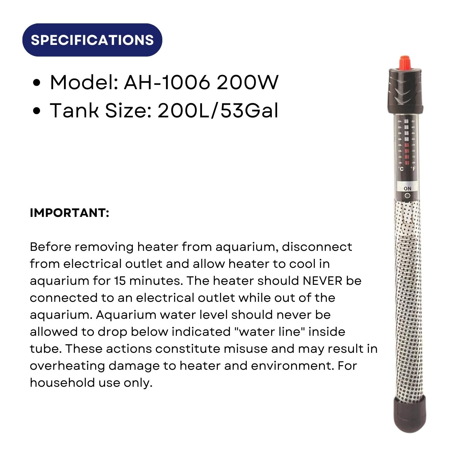 Dophin AH-1006 200W Submersible Thermostat Heater for Aquarium Fish Tank| Preset Temperature | Fully Submersible | Suitable for Tank Size 200L | (Original from Tunai Store)
