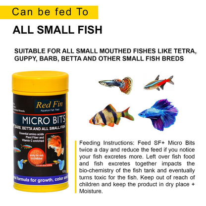SF+ Red Fin Micro Bits | 100g | Fish Food Fortified with 53% High Protein for All Medium and Adult Sized Tetra, Guppy, Barb, Betta and Other Small Fish Breeds