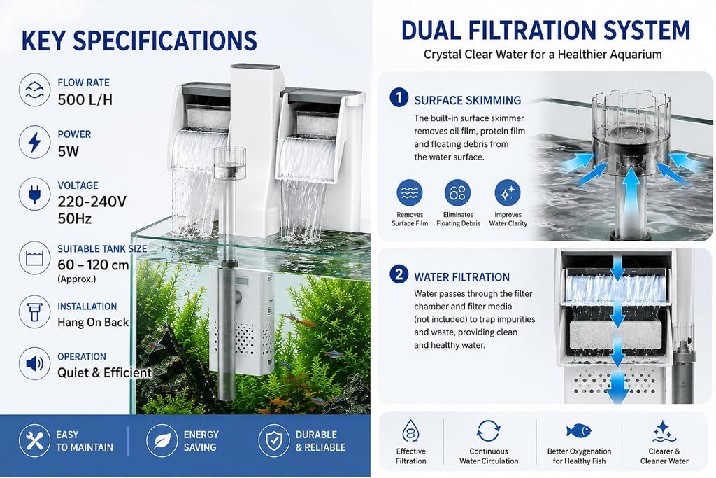 Sunsun Xiaoli New Premium XBA Series Water Fall Style Hang On Filter with Surface Skimmer (XBA-500)