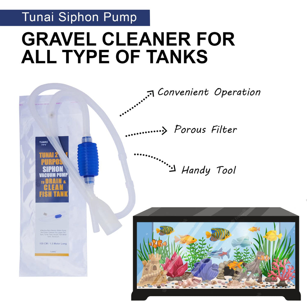 Tunai 2in1 Purpose Siphon Pump |150 Cm Long| for Draining and Cleaning The Aquarium Fish Tank Gravel, Effective Non-Electric Water Pump and Drain Cleaner for Large Fish Tank, Turtle Tank