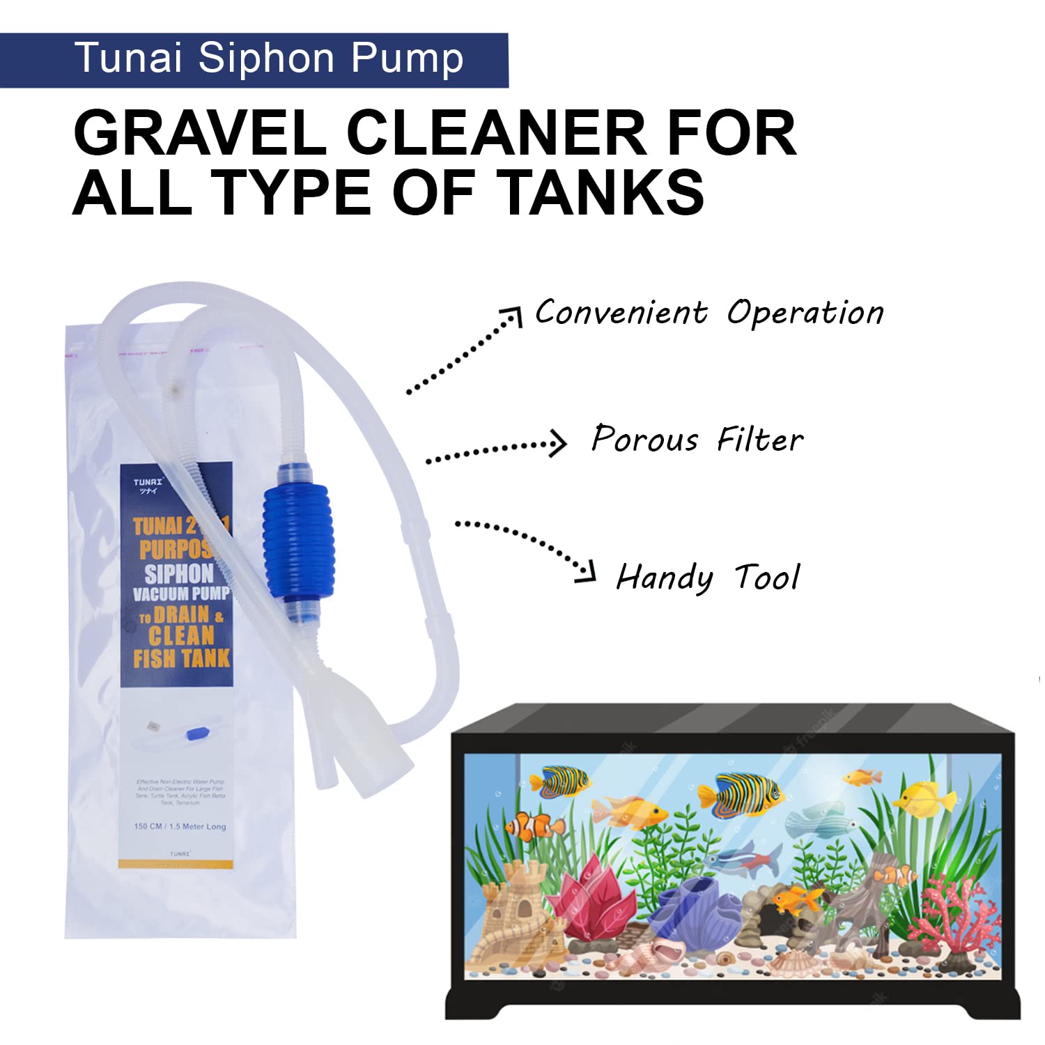 Tunai 2in1 Purpose Siphon Pump |150 Cm Long| for Draining and Cleaning The Aquarium Fish Tank Gravel, Effective Non-Electric Water Pump and Drain Cleaner for Large Fish Tank, Turtle Tank