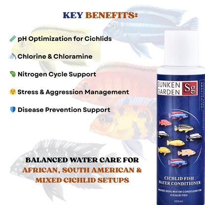 Sunken Garden Cichlid Fish Water Conditioner | Color, Clarity & Control for Your Cichlid Tank | Balanced Water Care for African, South American & Mixed Cichlid Fishes (100 ml)