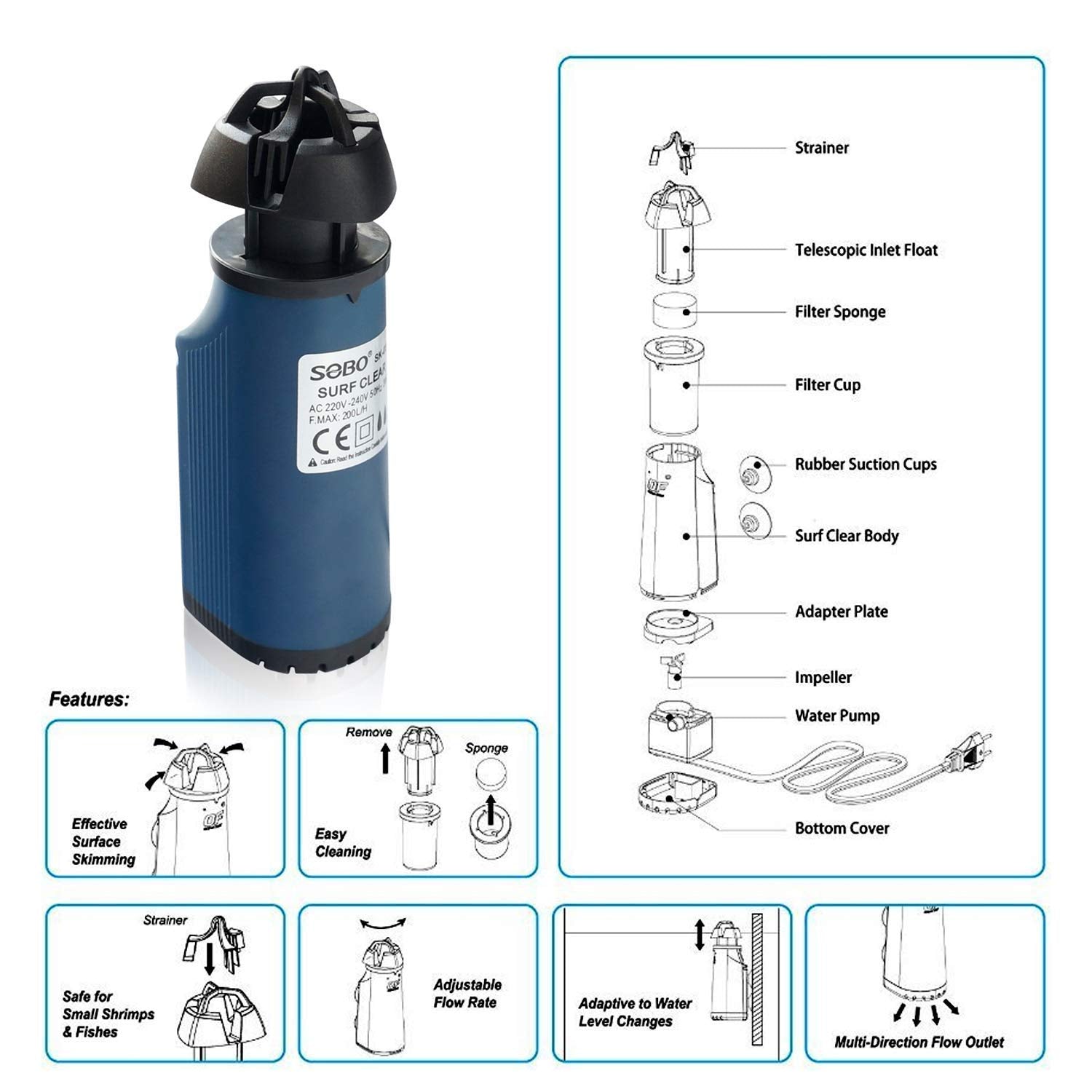 Sobo SK-03 Surf Clear (The Clever Aquatic Surface Skimmer) AC 220-240V 50Hz Power: 3W F.MAX:200L/HR - Central Fish Aquarium, 1 Piece