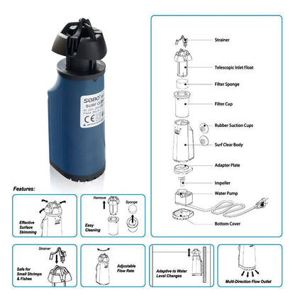 Sobo SK-03 Surf Clear (The Clever Aquatic Surface Skimmer) AC 220-240V 50Hz Power: 3W F.MAX:200L/HR - Central Fish Aquarium, 1 Piece