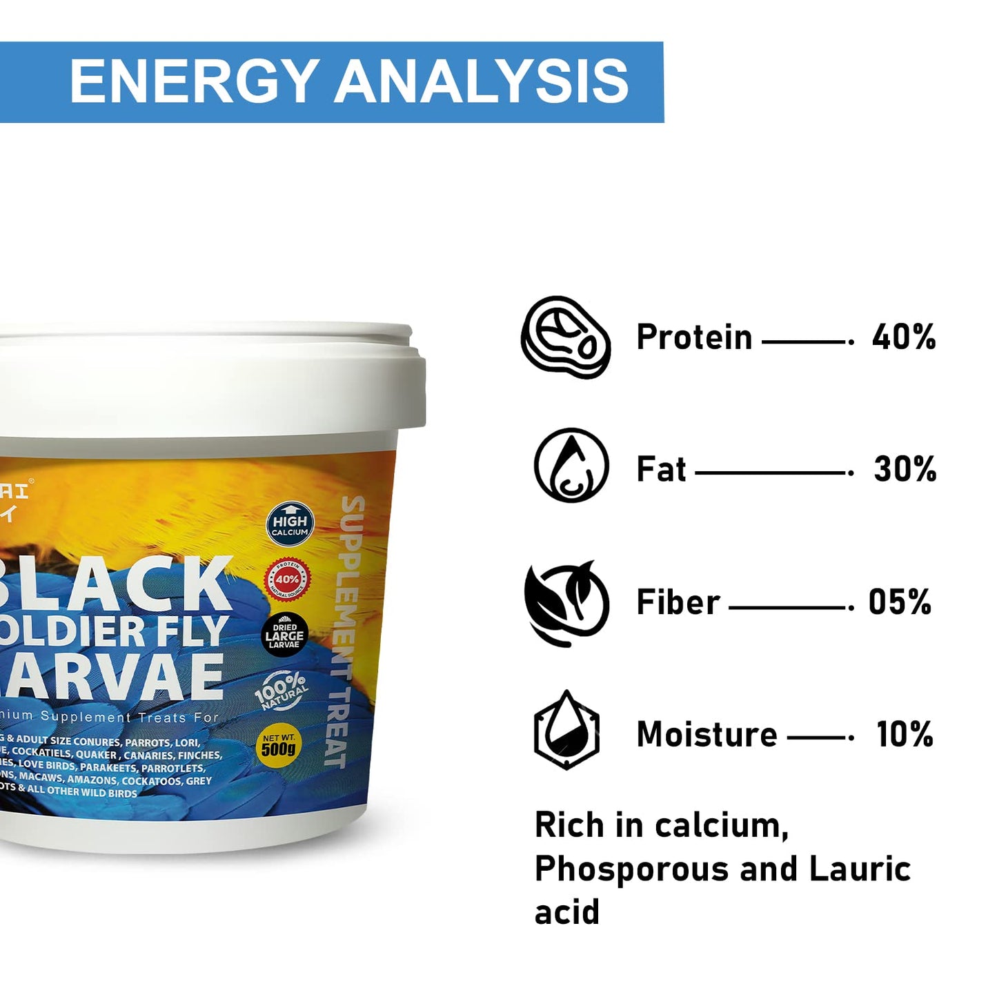 Tunai Black Soldier Fly Larvae Poultry Food | 500g | 60X Calcium, 40% Protein, Natural Supplement Treat for Poultry Feed, Hen, Duck, Turkey, Goose, Chicken, Cock