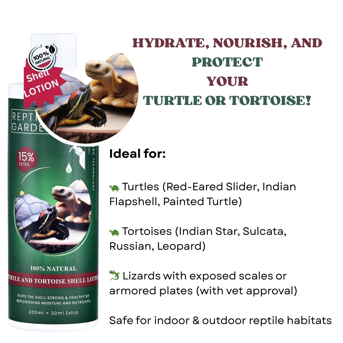 Reptile Garden Turtle & Tortoise Shell Lotion | Vitamin E & Essential Oil Enriched Moisturizer for Shell & Skin Health (200 ml + 30 ml)