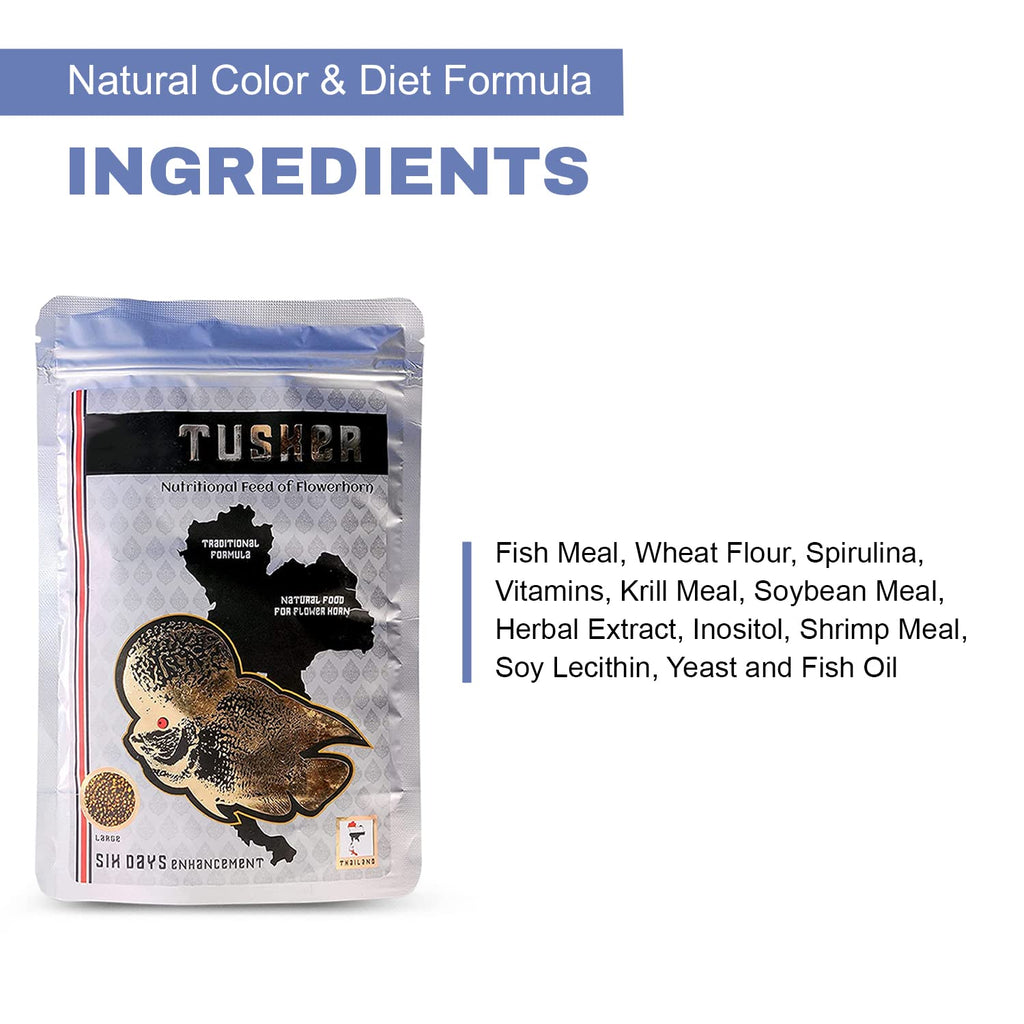 TUNAI SF+ Tusker Flowerhorn Special Fish Food | 100 G| Fish Feed Fortified with 55% Protein, Guaranteed Hump Enhancement in Six Days, Large Pellets Suitable for Adult Flowerhorn