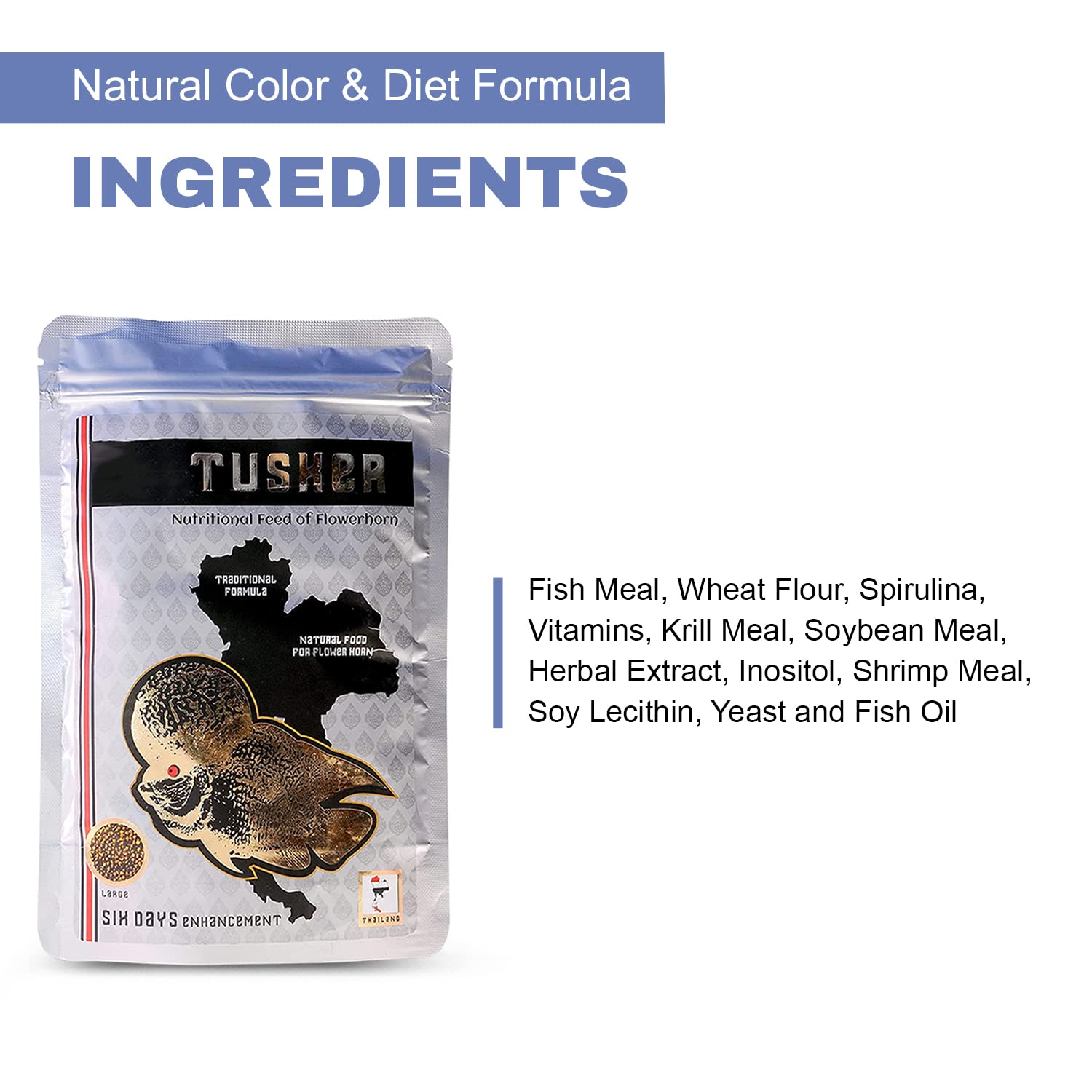 TUNAI SF+ Tusker Flowerhorn Special Fish Food | 100 G| Fish Feed Fortified with 55% Protein, Guaranteed Hump Enhancement in Six Days, Large Pellets Suitable for Adult Flowerhorn