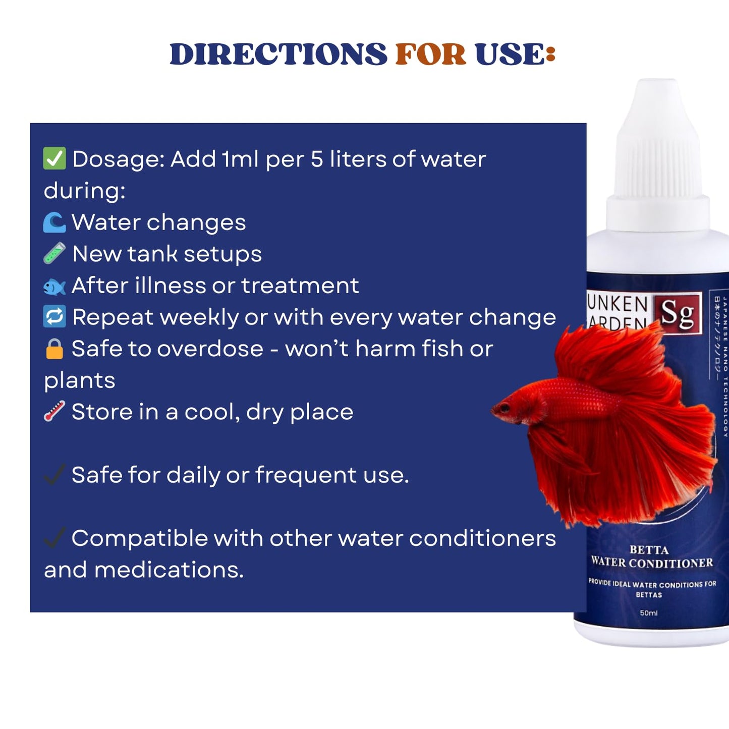 Sunken Garden Betta Fish Water Conditioner | Chlorine Neutralizer + Fin Rot Protection + pH Balancer | Made for Indian Aquariums (50 ml)
